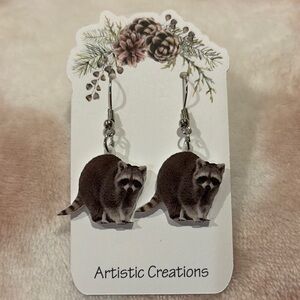 Artistic Creations Lucite Raccoon Pierced Earrings  NWT 1.75”x1”.